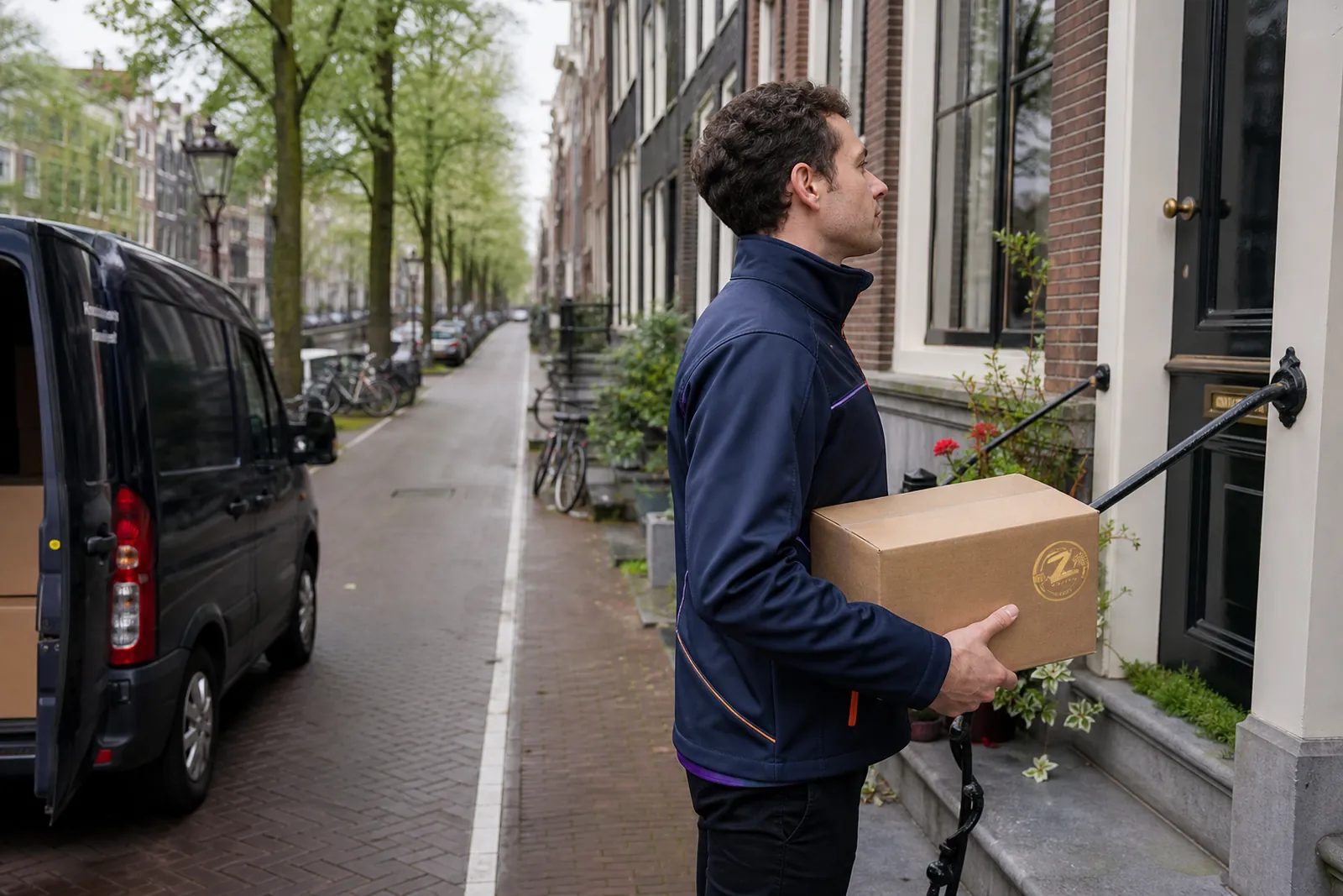 Koerier van Zentro belt aan bij een grachtenwoning in Amsterdam met een pakket onder de arm, de bus staat langs de kade