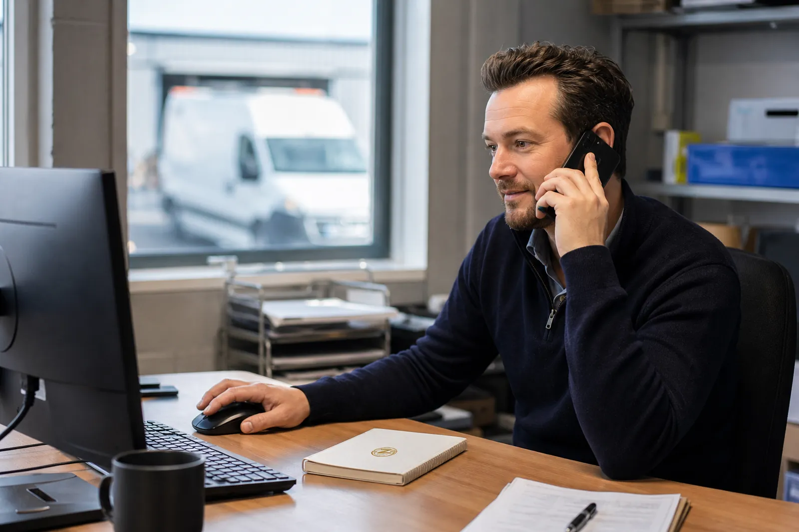 Planner van Zentro Koerier aan de telefoon achter zijn bureau, met een bestelbus zichtbaar door het raam